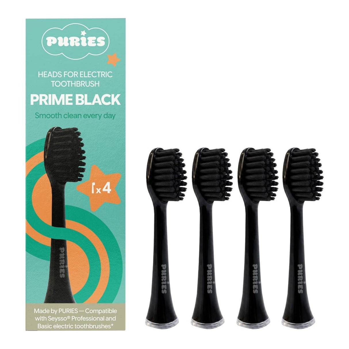 Puries Prime Black Electric Toothbrush Heads for Seysso - 4 Pieces