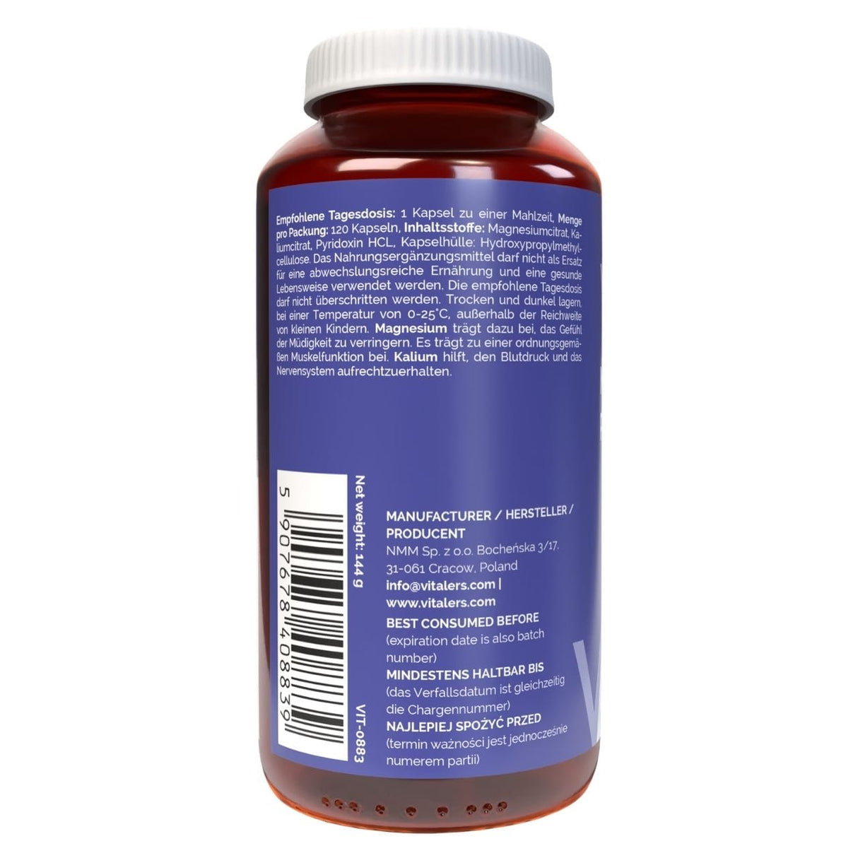 Vitaler's Magnesium 100 mg + Potassium 150 mg + B6 6 mg - 120 Capsules